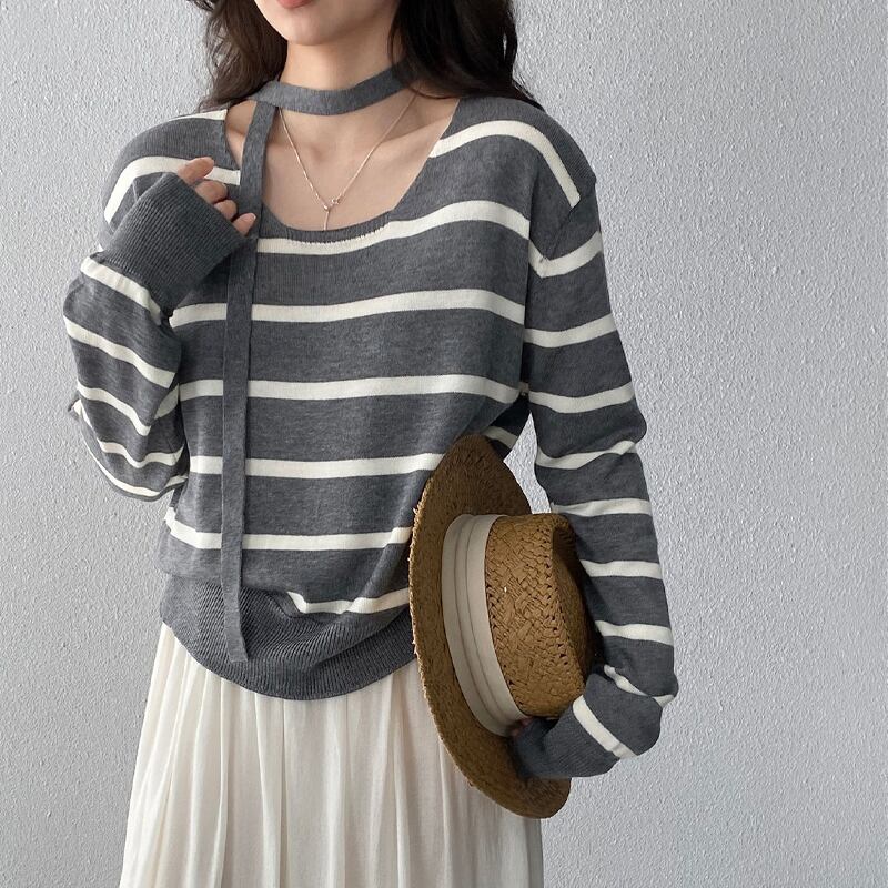 【tops】スカーフ付きボーダー柄ニットトップス Q8284