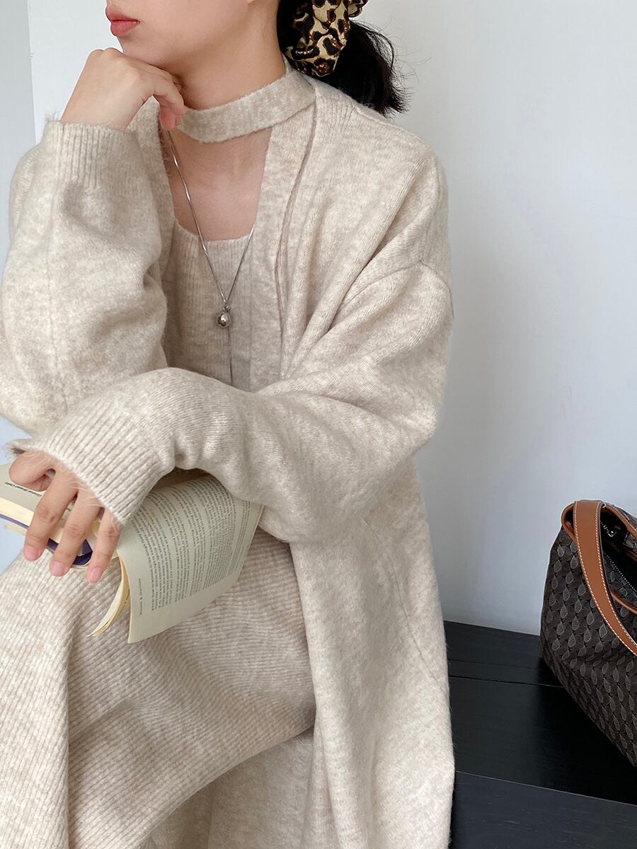 【set】ロングカーディガン×スカーフ付きベスト×ワイドパンツ3点セット Q7235