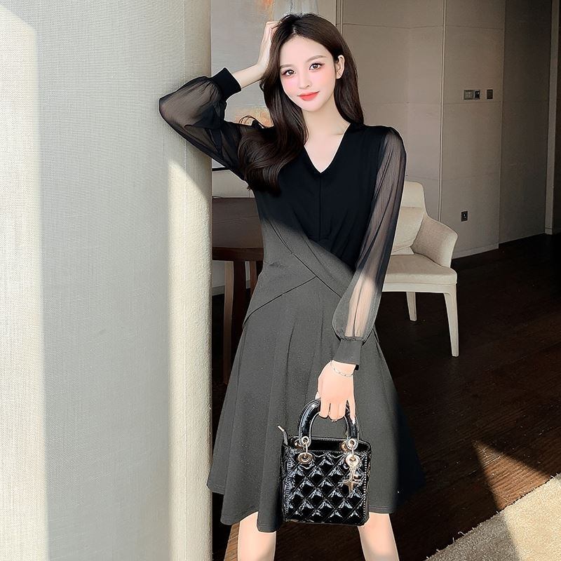 【dress】フランス風 気質満点レトロシフォン切り替えスリットワンピース G1675