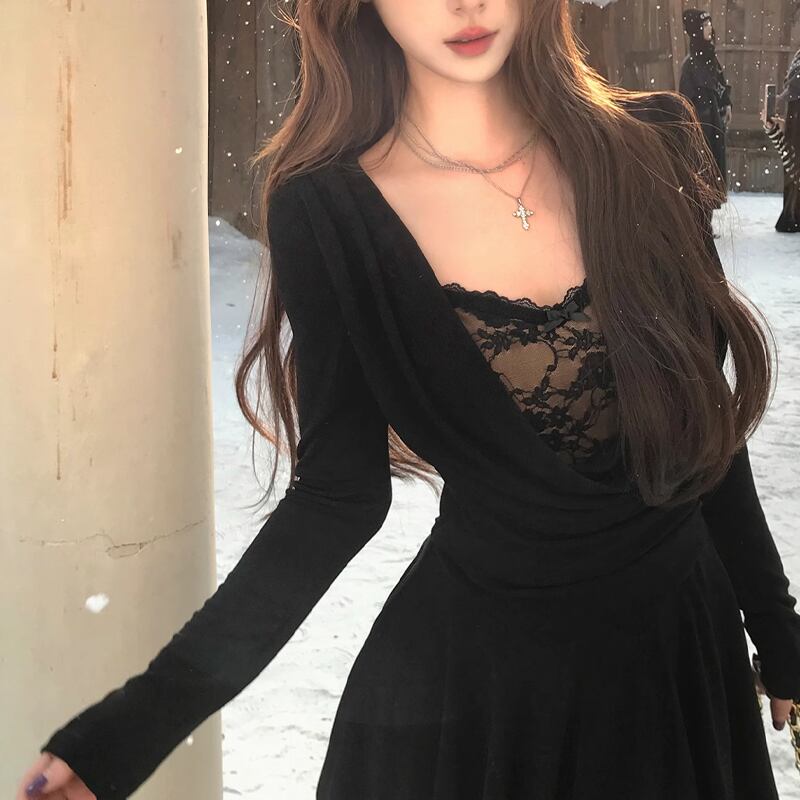 【dress】レースドッキングフレアワンピース Q7616