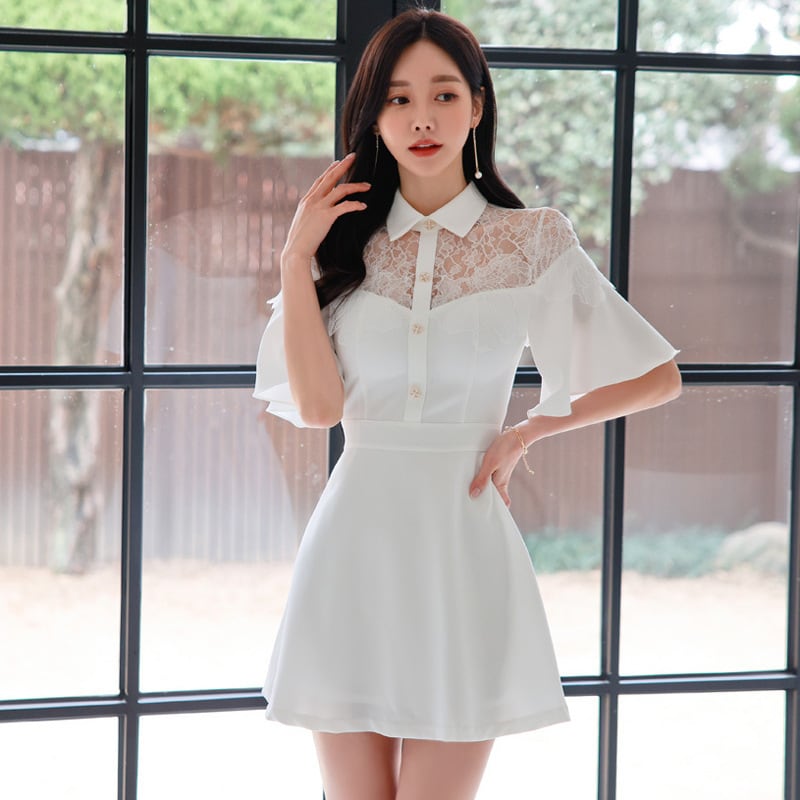 【dress】レース切り替え透かし彫りワンピース G21483