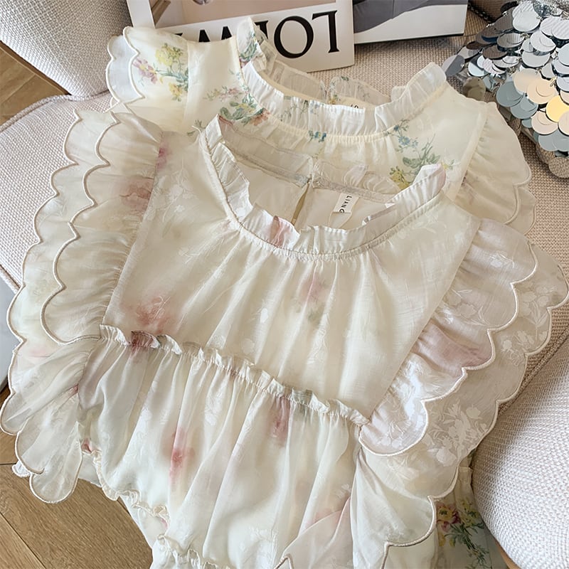 【tops】ギャザー花柄ブラウスF7505