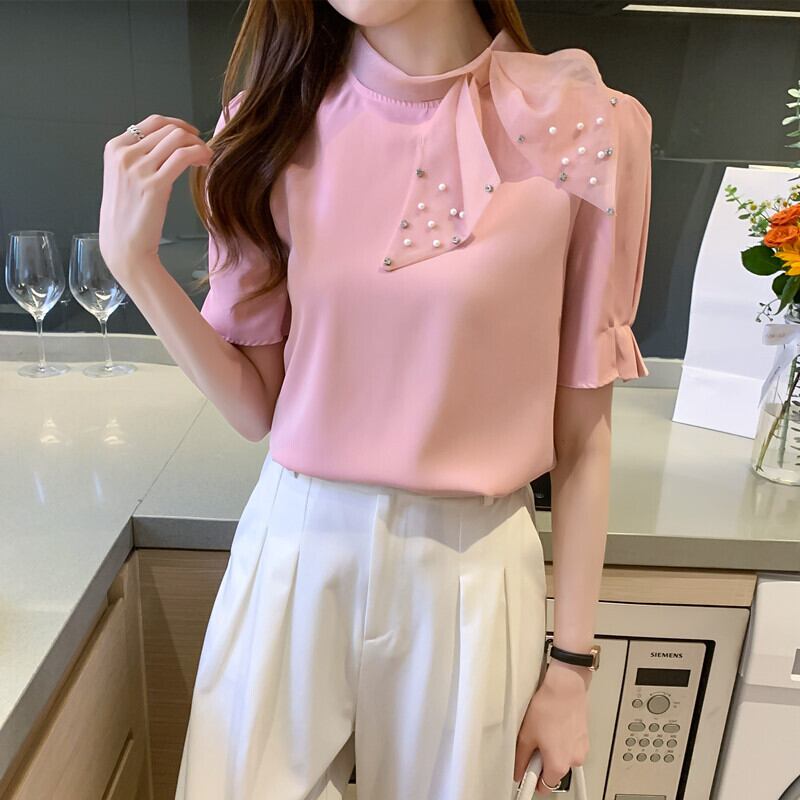 【tops】美人度アップ!スウィートリボンルーズシフォンパフスリーブフランス風シャツ G6683