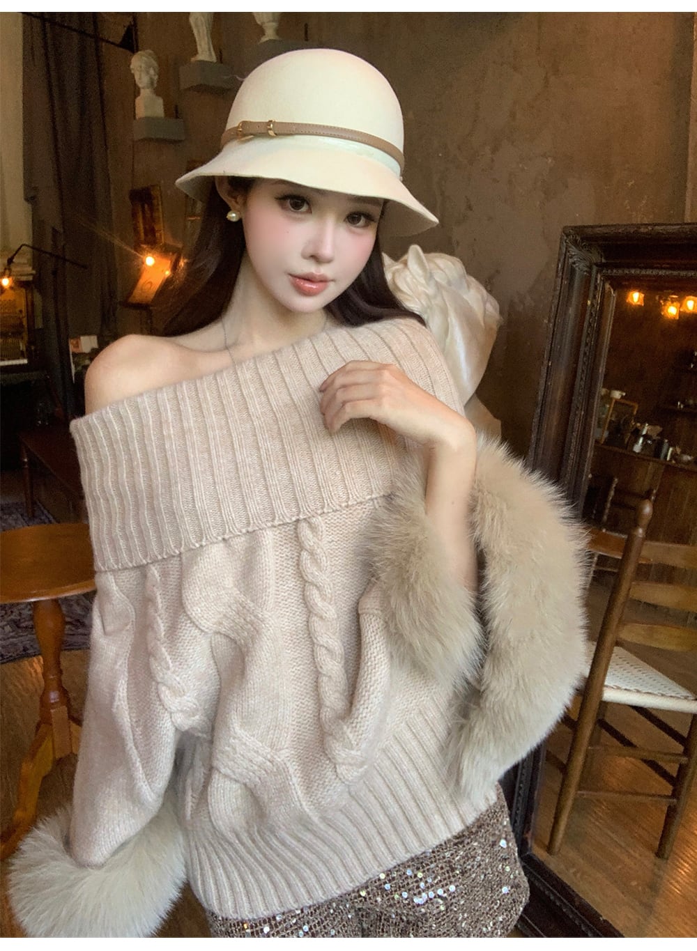 【tops】2WAY袖ファーオフショルニットトップス　N3378