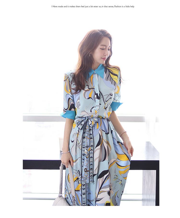 【dress】韓国風気質満点ファッション折り襟不規則 プリントワンピース G0398