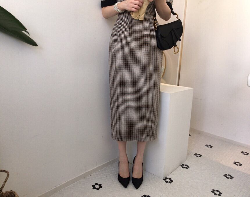 【dress】韓国風好感度UP!気質満点着痩せ折り襟 エレガント千鳥格子ワンピース G0336