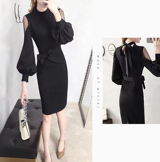 【dress】オシャレ度満点〜韓国風INS風長袖切り替え蝶々結び韓国ファッション無地タイトワンピースF3399