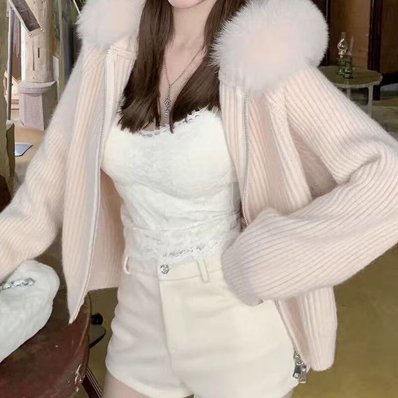 【outer】ファー付きニットカーディガン Q7062
