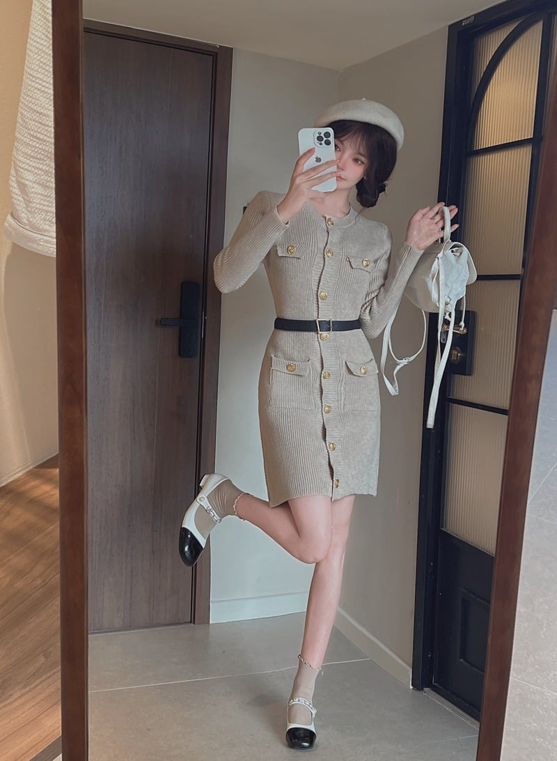 【dress】ボタンデザインニットワンピース　M27419