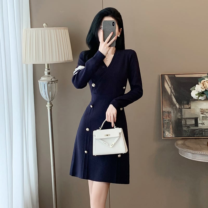 【dress】ダブルボタンニットワンピース　M25366