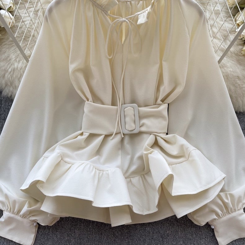 【tops】ウェスト絞りフリルブラウスF6982