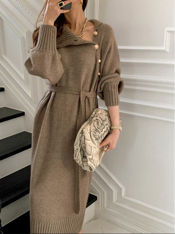 【dress】 韓国系好感度UP!気質満点秋冬レトロハイネックセーターニットワンピース G2023