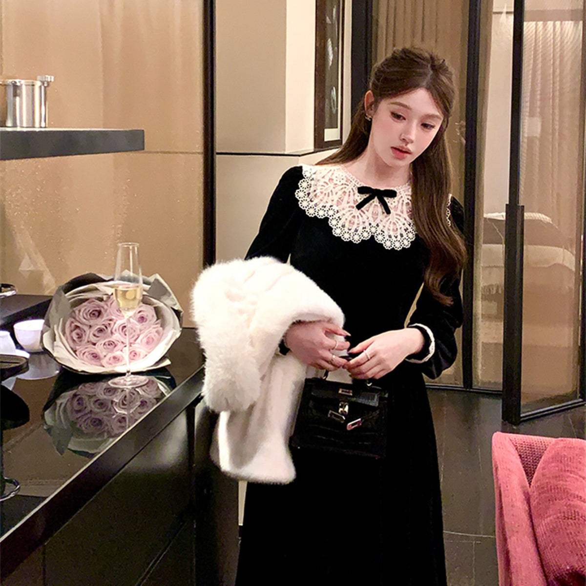 【dress】レースドッキングベロアワンピース　N3415