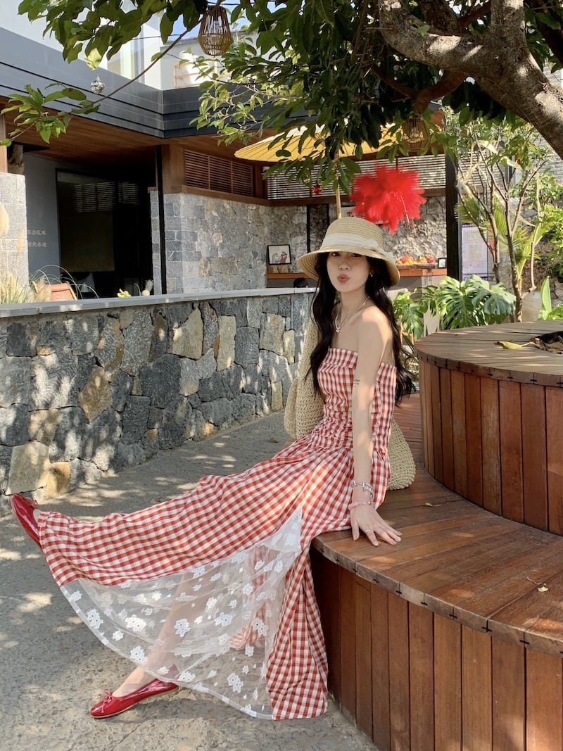 【dress】レースドッキングチェック柄ワンピース　M29795