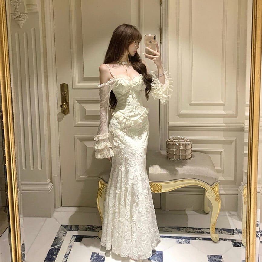 【set】ベルスリーブレーストップス×マーメイドスカートセット N3414