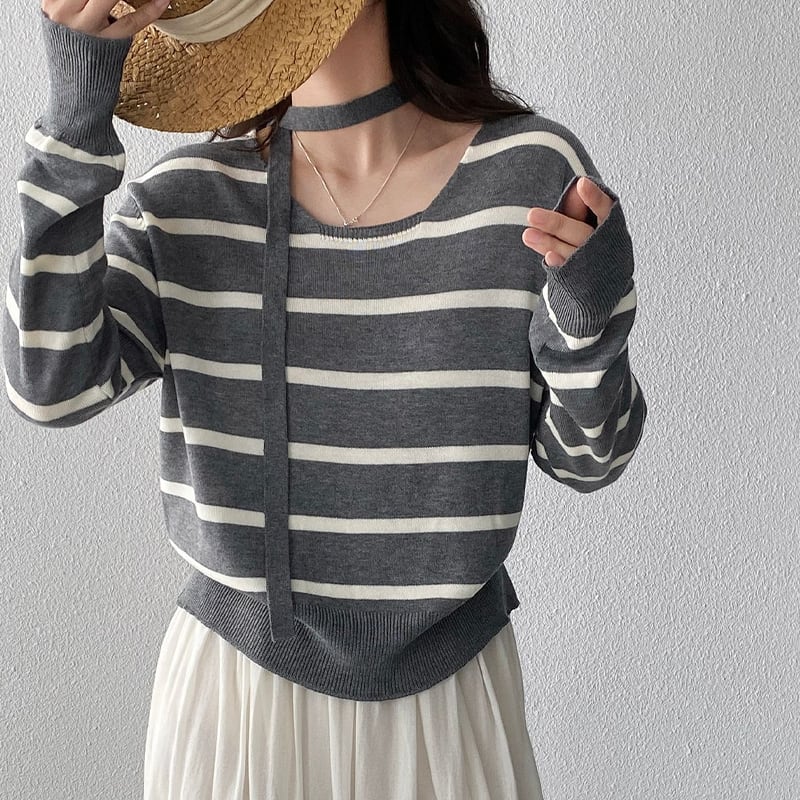 【tops】スカーフ付きボーダー柄ニットトップス Q8284