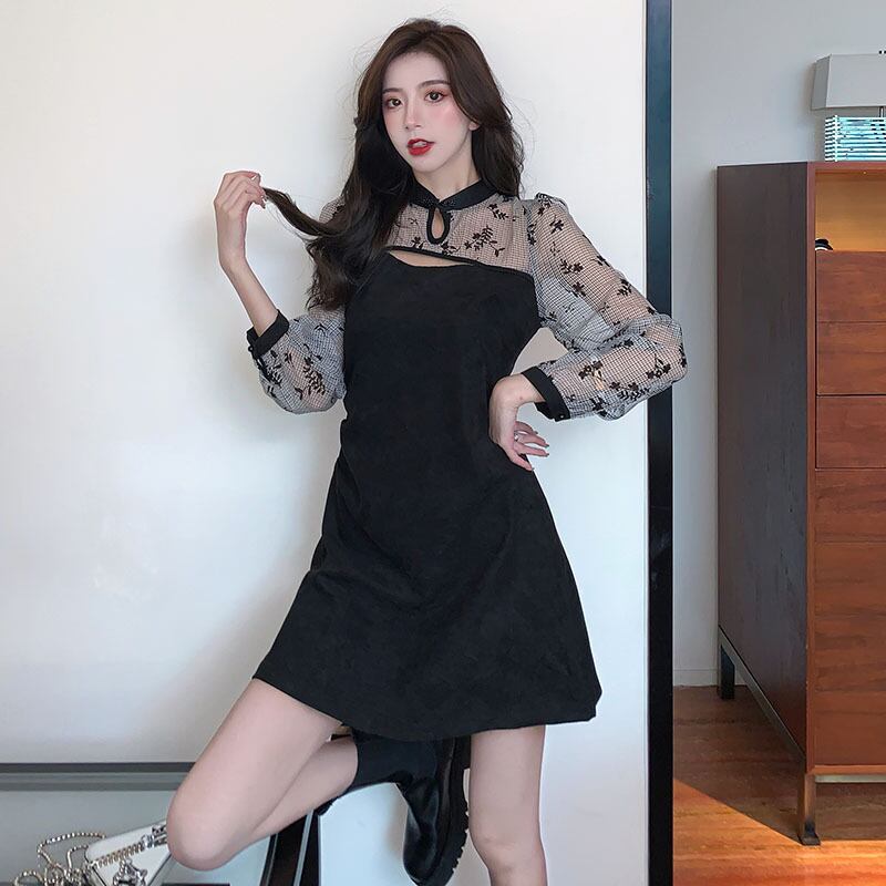 【dress】韓流スタイル!気質満点秋冬スタンドネックデザイン切り替えワンピース G2066