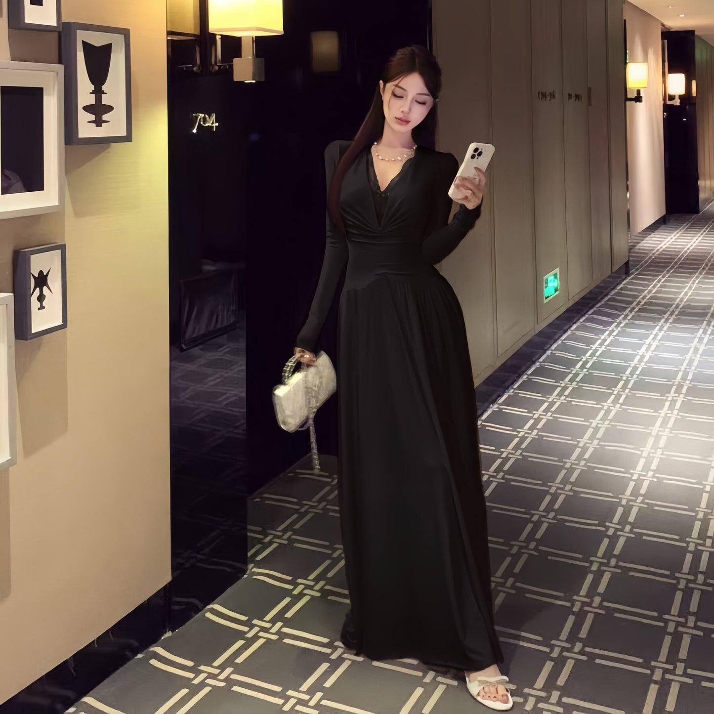 【dress】レースドッキングロングワンピース　N3432