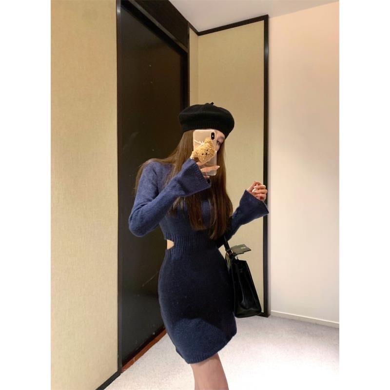 【dress】袖フレアニットワンピースF6748