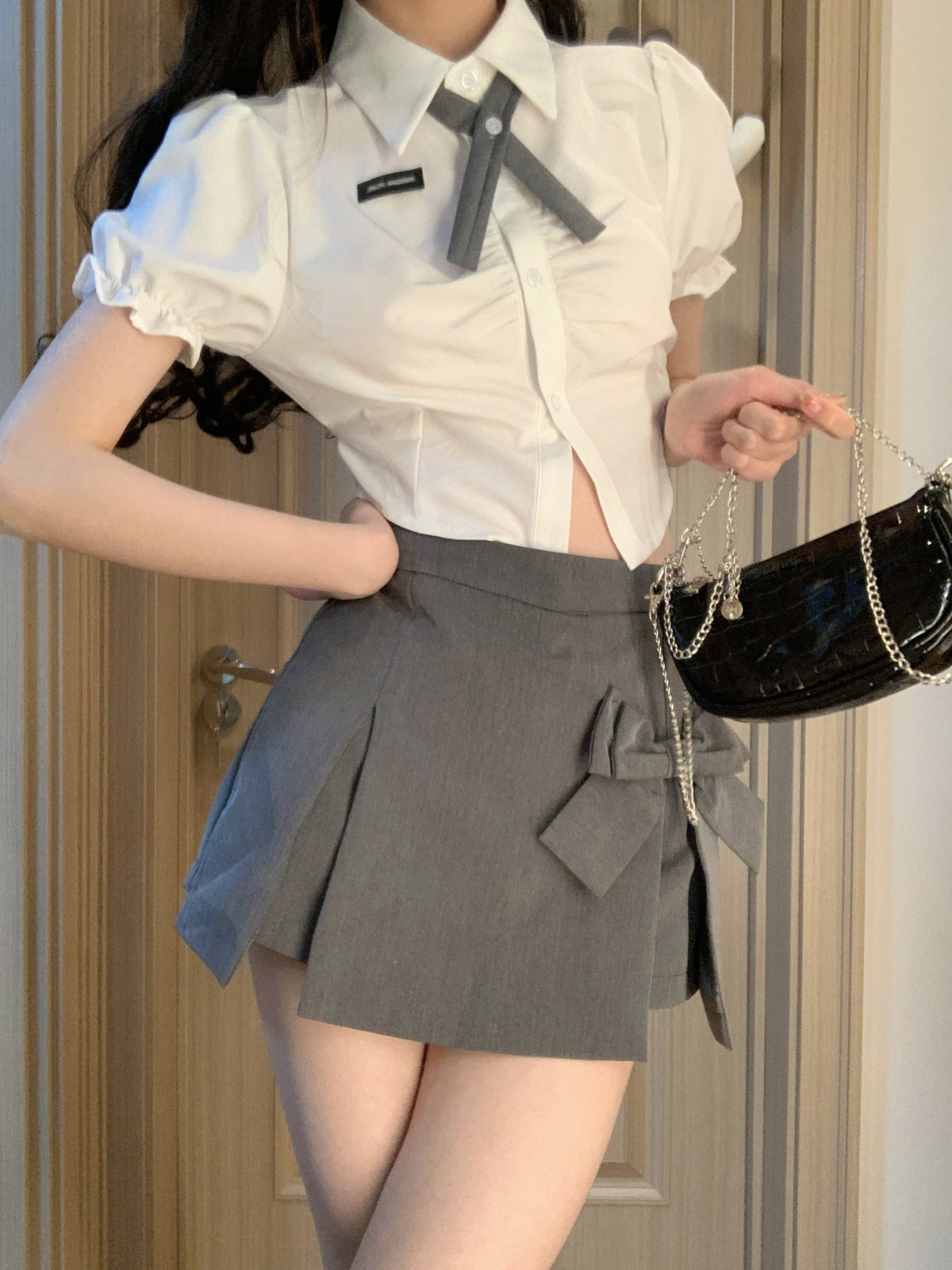 【set】リボン付きシャツトップス×スカートセット　M24701