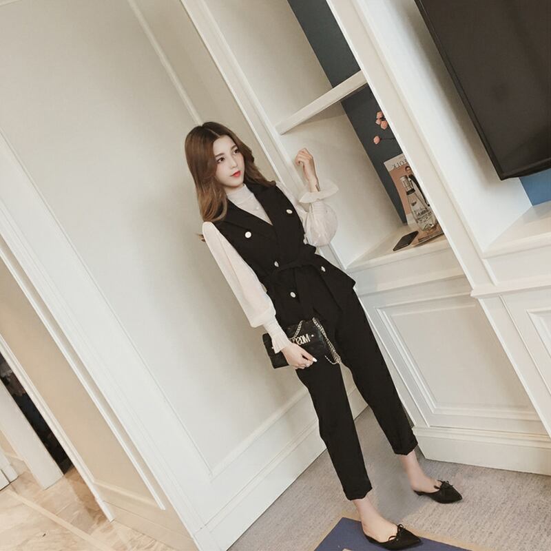 【set】美人度アップ!韓国系スウィート洋気ベスト+シャツ+パンツセットアップ G2087