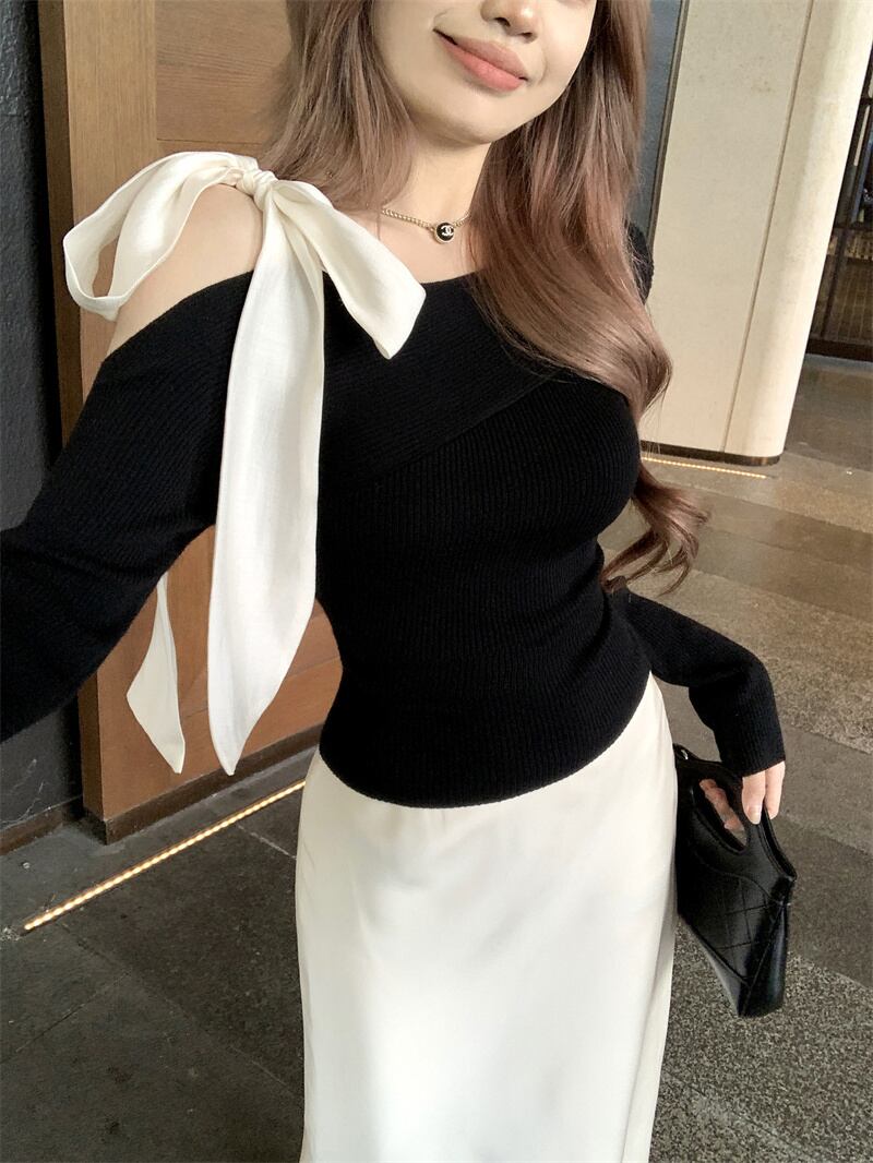 【tops】ショルダーリボンアシンメニットトップス　N2870