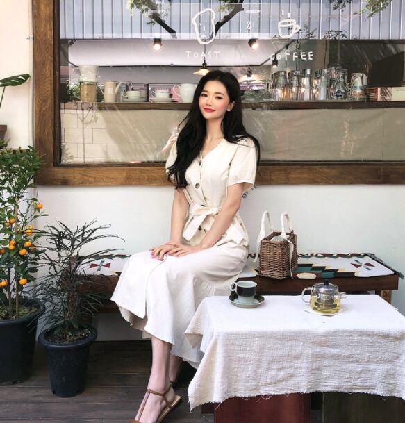 【dress】ファッションand清新！気質満点Vネック無地着痩せワンピース