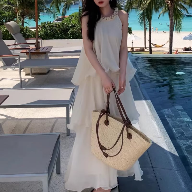【dress】ノースリーブチュールティアードワンピース Q8408