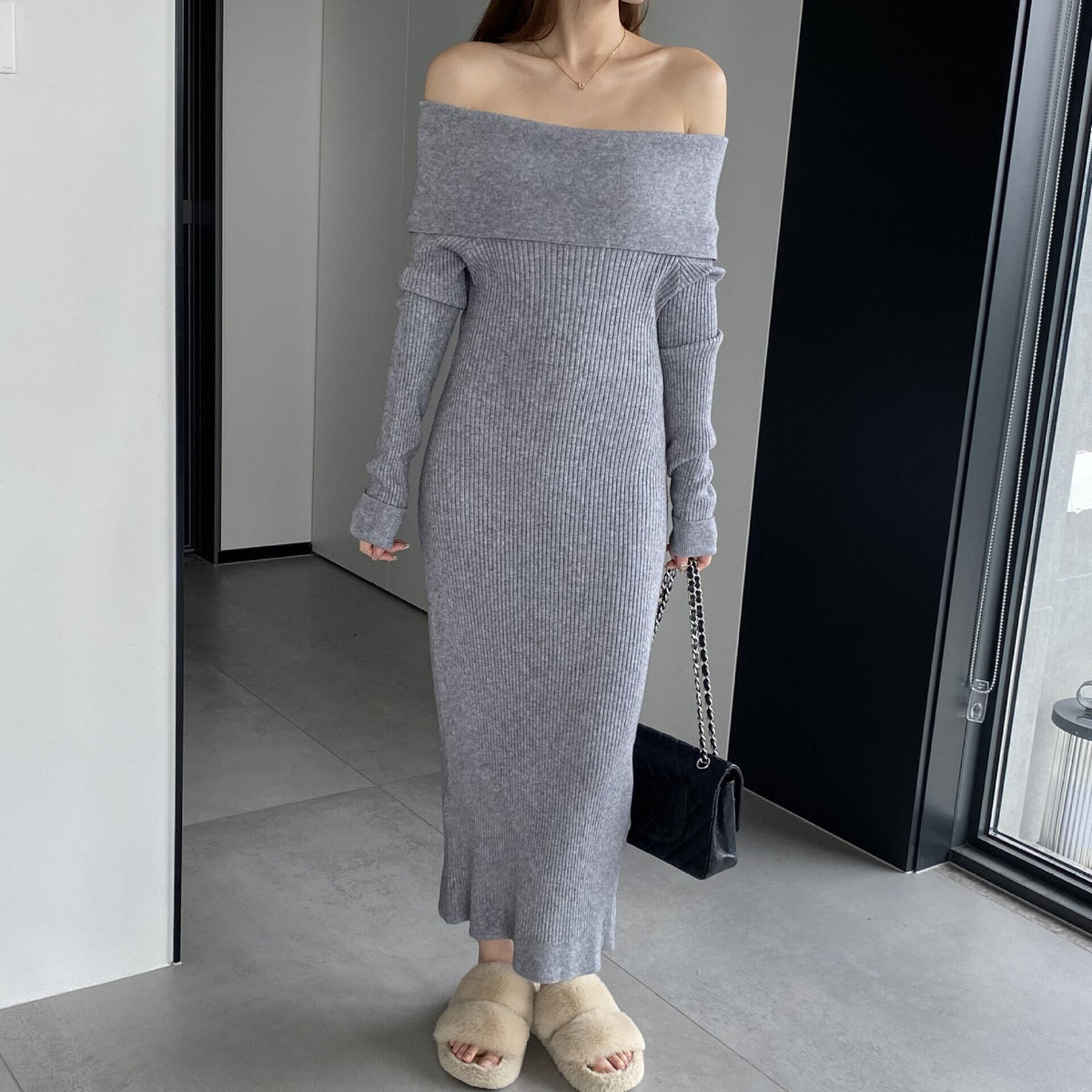 【dress】ボートネックニットワンピース　M18734