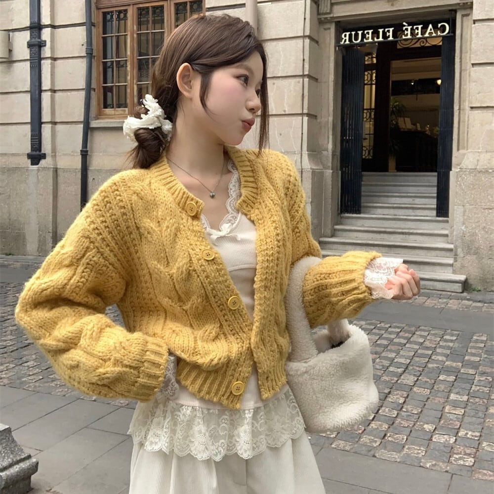 【set】ニットカーデ×レース切り替えトップスセット　M27663