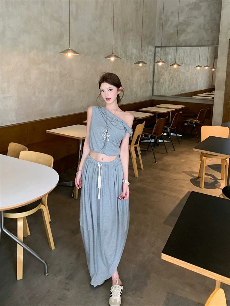 【set】ワンショルダートップス×ロングスカートセット Q8501