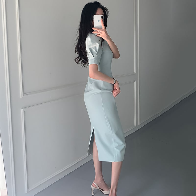 【dress】韓国風着痩せスクエアネックパフスリーブスリット気質満点ワンピース