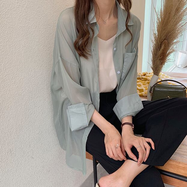 【tops】流行アイテム！折り襟紫外線対策日焼け対策シンプル長袖無地ゆったり着回しシャツF0093