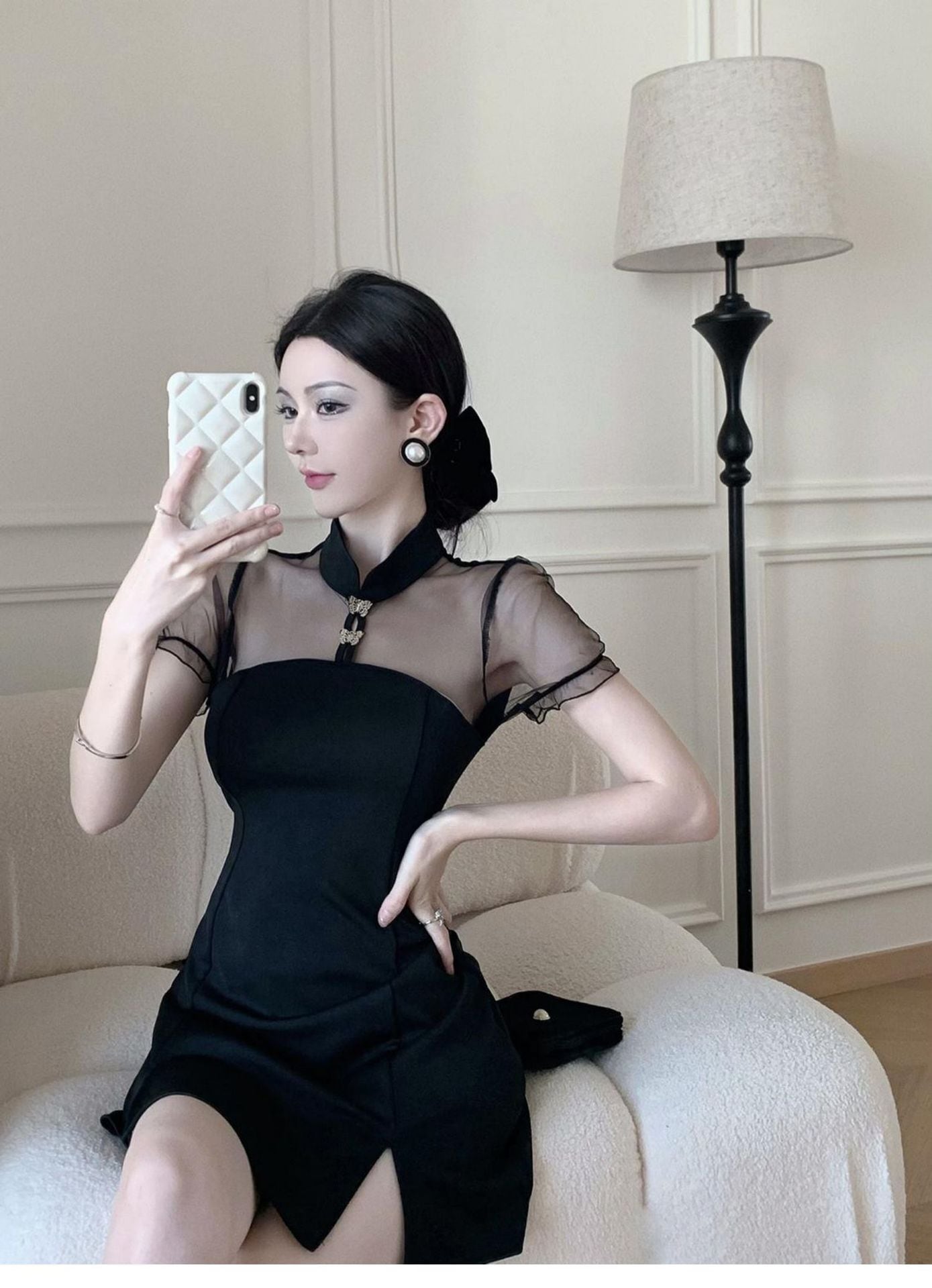 【dress】メッシュ切り替えスリットワンピース G21310