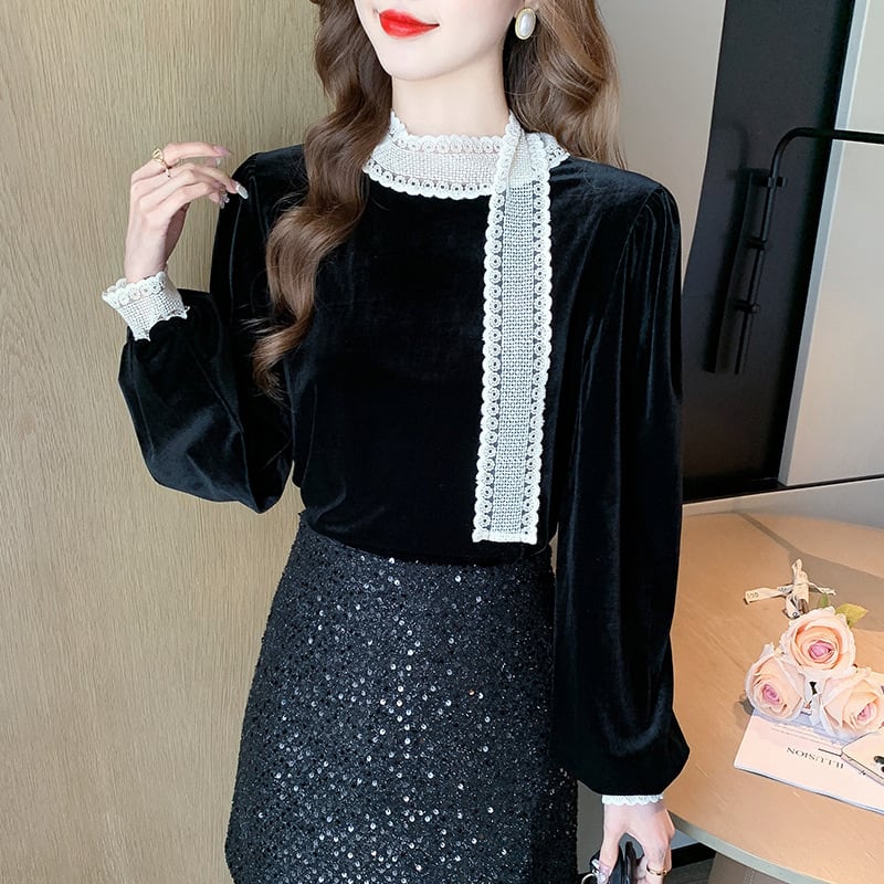 【tops】レース切り替えシャツトップス　M27569