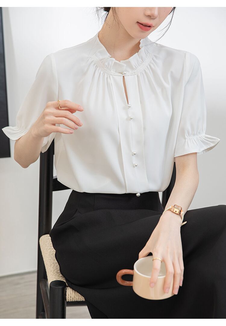 【tops】フリルスタンドネックOL通勤ブラウスG21076
