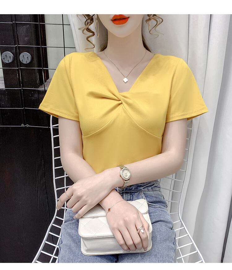 【tops】2色Vネック半袖ファッション無地着回しブラウスF0154