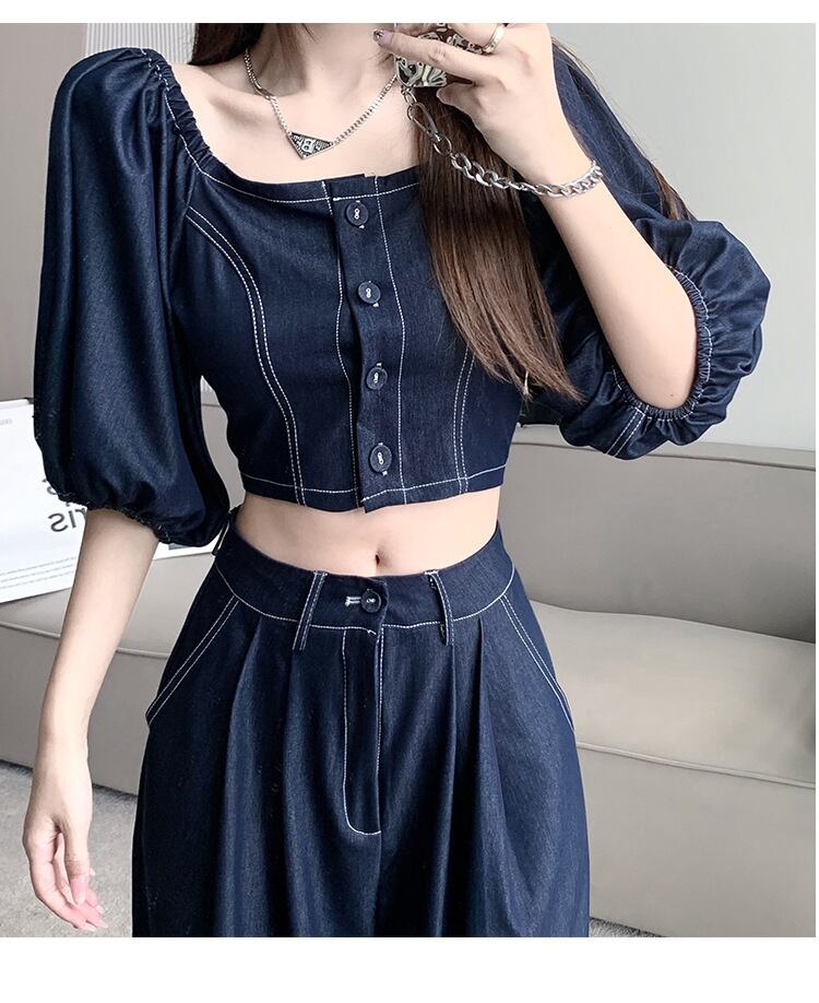 【set】オフネック半袖パフ袖ブラウス+無地ガウチョパンツ2点セットF5313