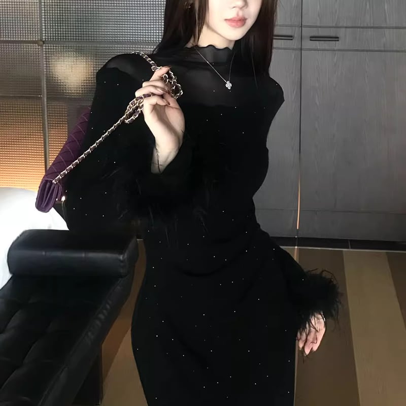 【dress】袖ファーチュールドッキングニットワンピース Q7559