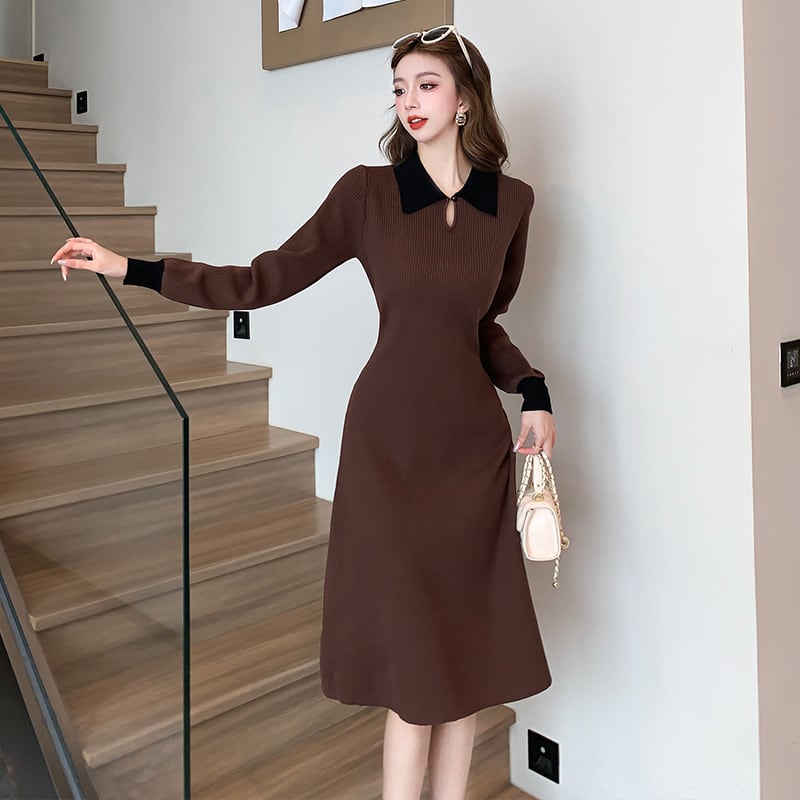 【dress】折り襟ニットワンピース　M19059
