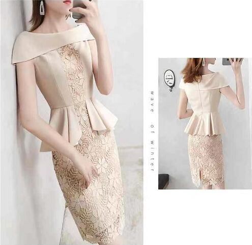 【dress】オシャレ度満点〜ギャザーレース切り替えスリットOL通勤タイトンワンピースF2427