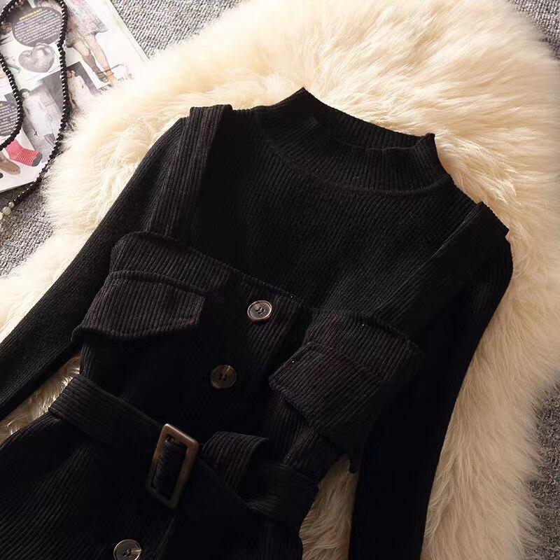 【set】3点セットウェスト絞りベスト+無地セーター+体型カバースカート通勤日常秋冬新作セットアップF1292