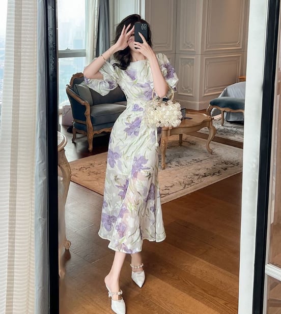 【dress】オシャレ度満点〜OL通勤夏新作ラウンドネック半袖パフ袖花柄配色ワンピースF5441