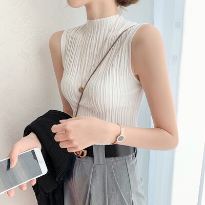 【tops】選べる7色！夏新作ノースリーブ無地着回し着やせ薄手ニットタンクトップF2193