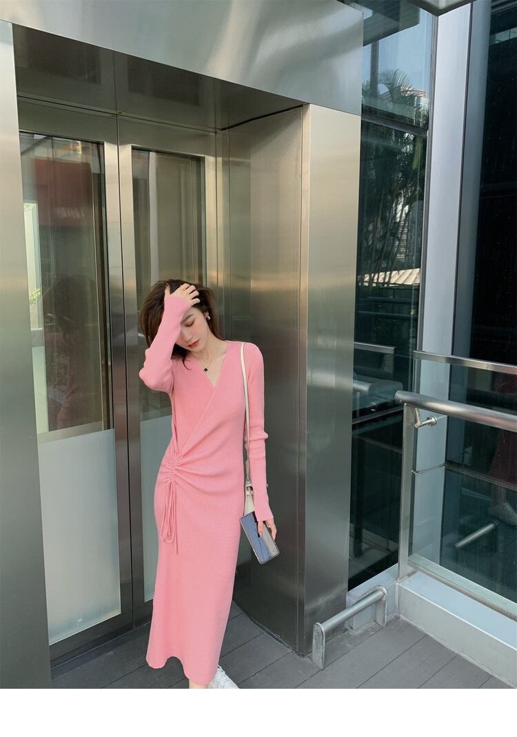 【dress】好感度UP!気質満点デザインフランス風シンプルVネックニットワンピース G2822