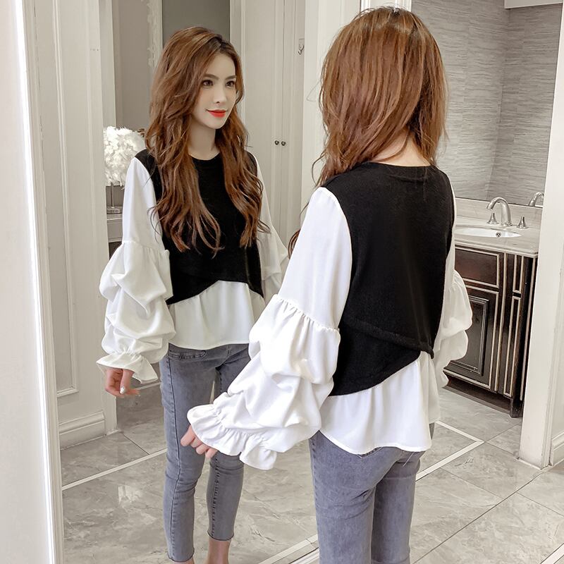 【tops】韓国ファッション早秋新作ラウンドネック長袖パフ袖偽二つ切り替えニットブラウスF0743