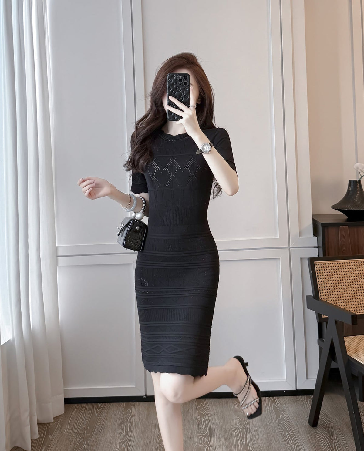 【dress】半袖透かし編みニットワンピース Q8492