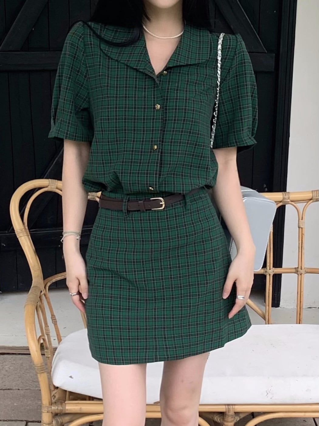 【set】チェック柄ブラウス+スカート２点セットG21572