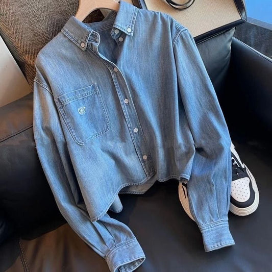 【tops】POLOネック長袖デニムブラウスF8026