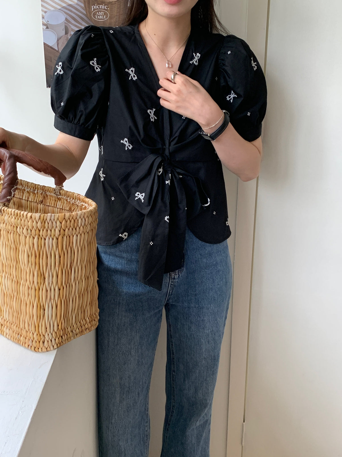【tops】リボンプリントシャツトップス　M23890